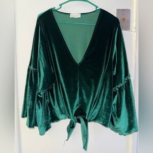 Lavender Field Deep Green Velvet V-Neck Blouse